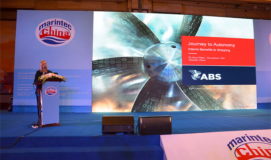 ABS Executive Vice President for Global Marine Dr. Kirsi Tikka speaks at the 2017 Marintec China conference in Shanghai, China. 