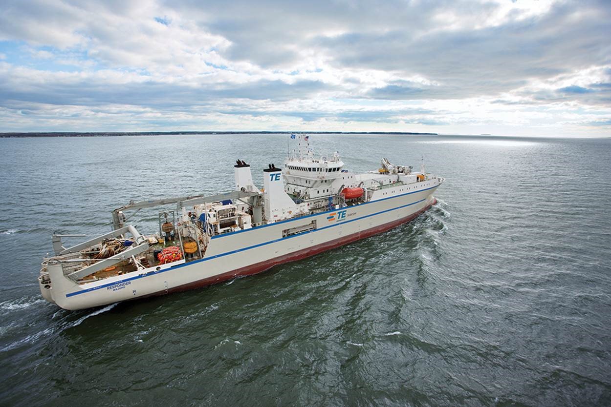 The assessment, which identifies operational risks and limitations, was performed with TE SubCom, a TE Connectivity Ltd. company and an industry pioneer in undersea communications technology, on its cable-laying vessel, Responder. (Image courtesy of TE SubCom.)