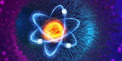 Nuclear physics. Scientific concept. Genious idea. Breakthrough research. 3D illustration of an atom on nanotechnology background; Shutterstock ID 1626429631; purchase_order:Nuclear Landing Page; job:; client:Amanda Newberry; other: