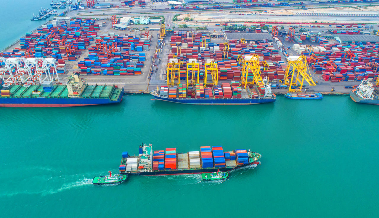 container,container ship in import export and business logistic,By crane, Trade Port, Shipping,cargo to harbor. Aerial view, Water transport, International, Marine, transportation, logistic