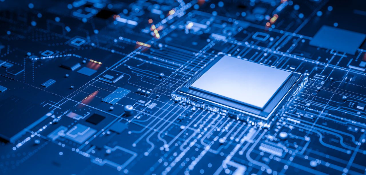 High-tech computer chip on blue circuit board with electronic components, close-up view, technology background, integrated circuits, digital, futuristic, ai hardware, semiconductor