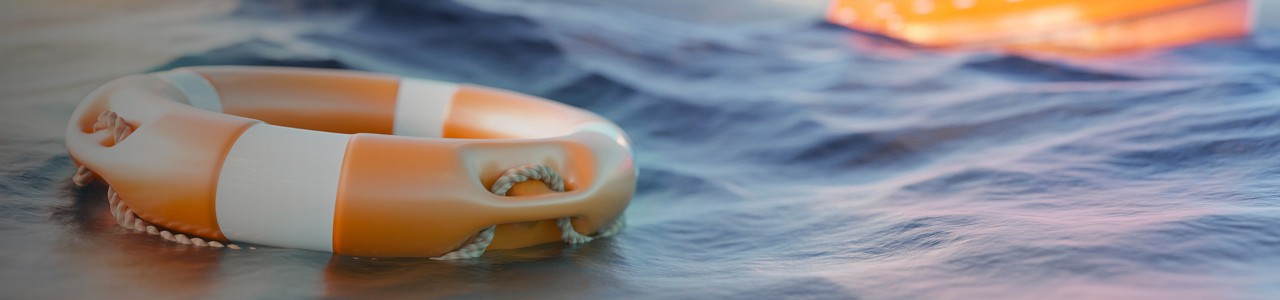 Orange rescue ring and emergency life boat in the ocean waiting for rescue 3d render panoramic; Shutterstock ID 2087749711; purchase_order: Safety in Minutes Webpage; job: ; client: Ben Buonviri; other: 